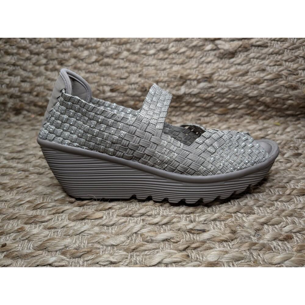 Womens Skechers Memory Foam Wedge Sz 8.5 Tan Grey Woven Mary Jane Open Toe Shoes